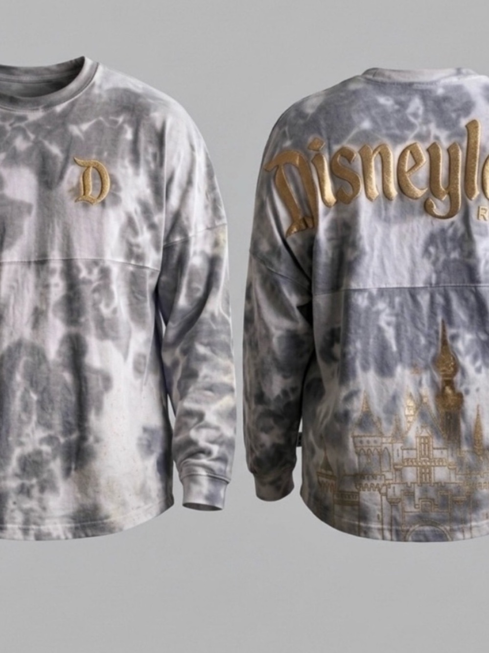 NWOT Disneyland Resort
Spirit Jersey Grey Cloud Tie Dye Gold Castle Large